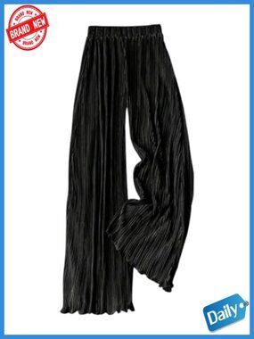 Women's Silk Satin Flowy Pleated Palazzo Pants Wide Leg High Rise Dressy